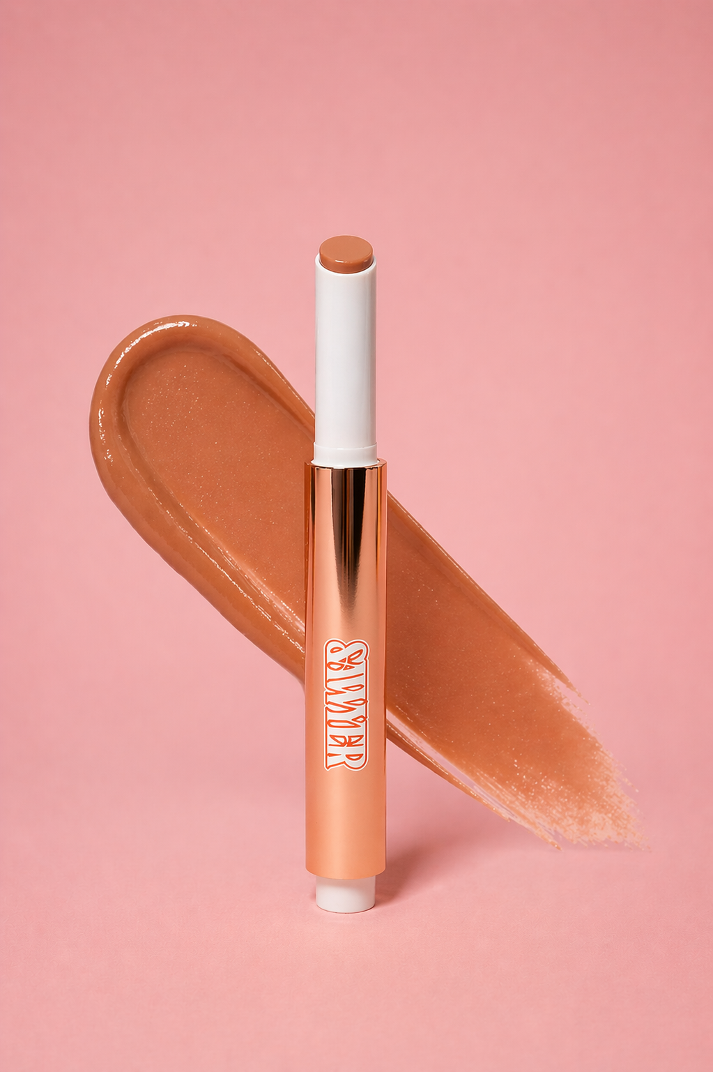 Makeup product with a brown shade on a pink background