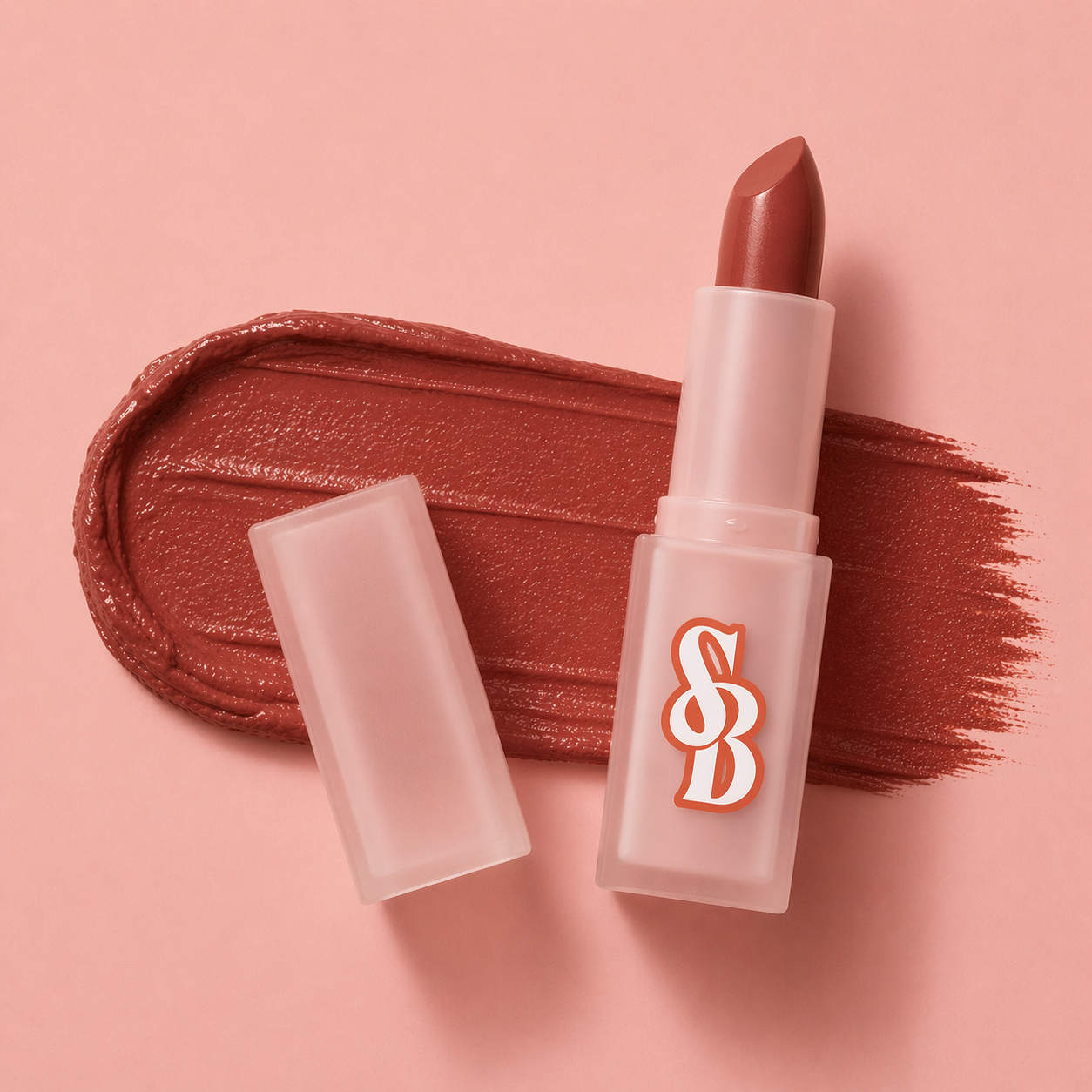 Lipstick with a swatch of color on a pink background