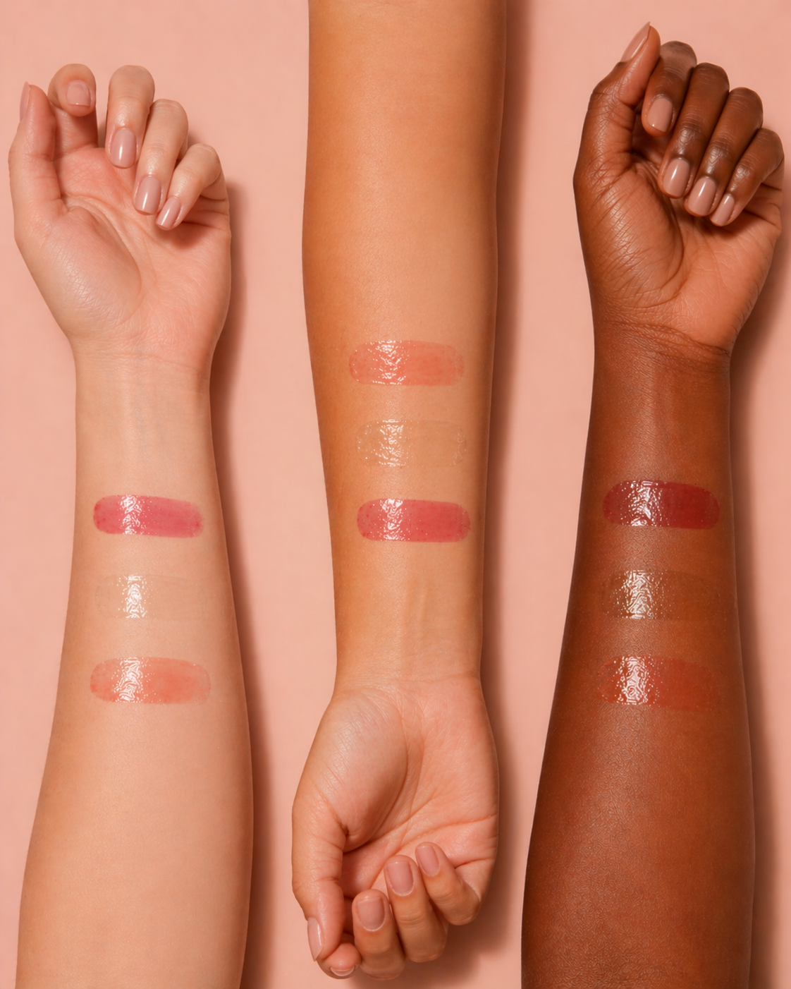 Lipstick swatches on three different skin tones against a pink background