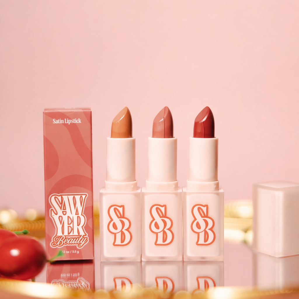 Four lipsticks with a pink background and 'Sawyer Beauty' branding.