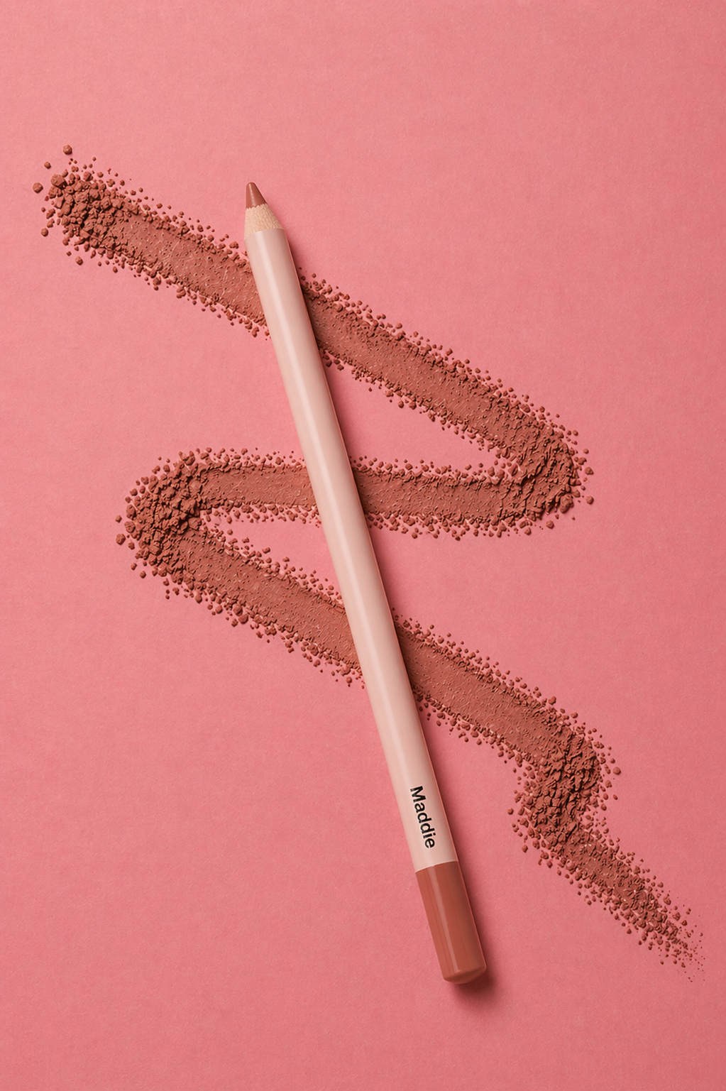 Cosmetic pencil with brown powder on a pink background