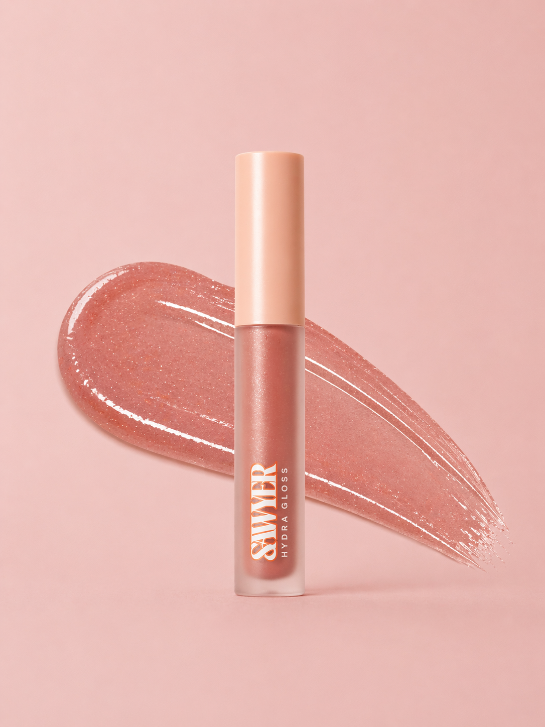 Lip gloss with a brand name on a pink background